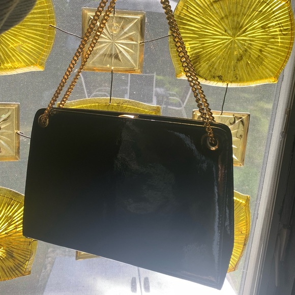 SAKS FIFTH AVENUE Vintage Patent Leather Box Handbag with Gold Chain - Picture 8 of 11